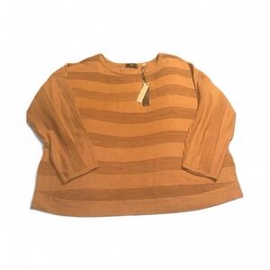 Tahari Woman Sweater Ribbed Stripes Bear Camel Color 3/4 Sleeve Soft Size 1X NWT
